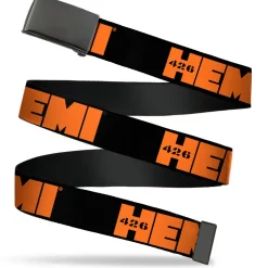 Black Buckle Web Belt - HEMI 426 Logo Repeat Black/Orange Webbing