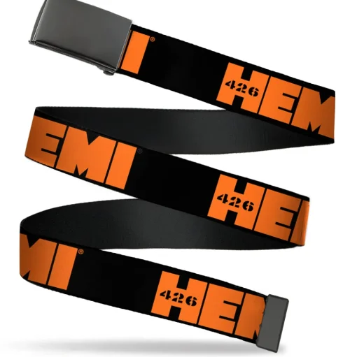Black Buckle Web Belt - HEMI 426 Logo Repeat Black/Orange Webbing