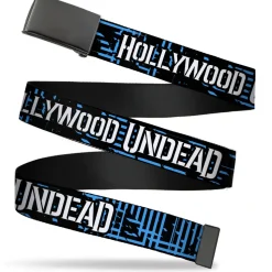 Black Buckle Web Belt - HOLLYWOOD UNDEAD Text Logo/Striping Black/Blue/White Webbing