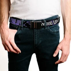 Black Buckle Web Belt - HOLLYWOOD UNDEAD Text Logo/Striping Black/Purple/White Webbing