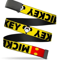 Black Buckle Web Belt - MICKEY Smiling Up Pose Flip/Buttons Yellow/Black/Red Webbing