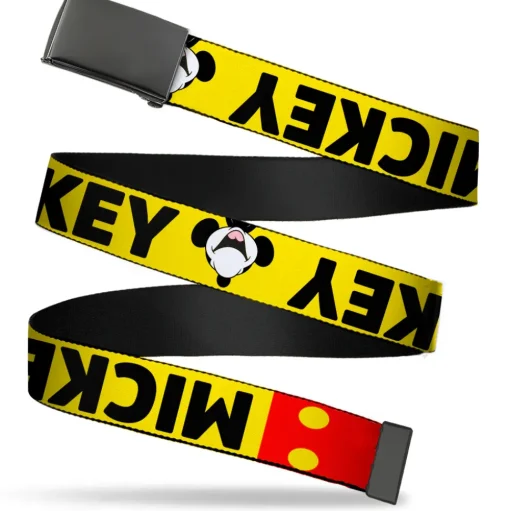 Black Buckle Web Belt - MICKEY Smiling Up Pose Flip/Buttons Yellow/Black/Red Webbing