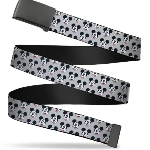 Black Buckle Web Belt - Mickey Mouse Smiling Face Monogram Gray Webbing