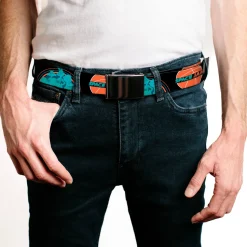 Black Buckle Web Belt - SPACE JAM 2 Basketball Logo and Tune Squad 3-Character Group Pose Black/Blues/Orange Webbing