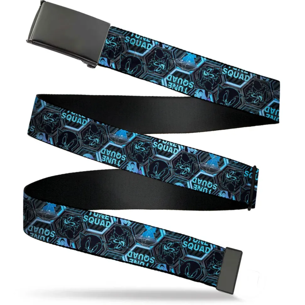 Black Buckle Web Belt - Space Jam 2 TUNE SQUAD Character Face Icons Black/Grays/Blues Webbing