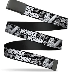 Black Buckle Web Belt - WONDER WOMAN Action Pose/Text Collage Black/White/Grays Webbing