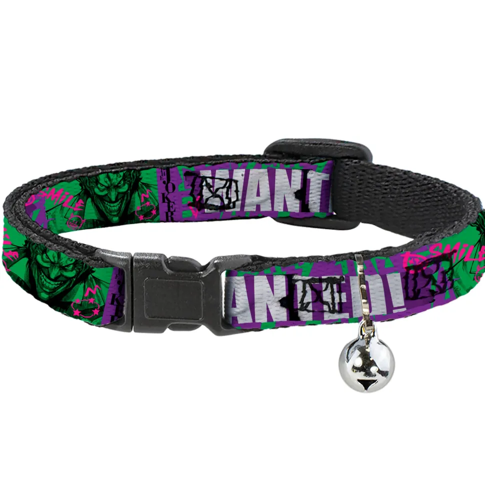 Breakaway Cat Collar with Bell - THE JOKER WANTED Smiling Pose and Graffiti Purples/Greens