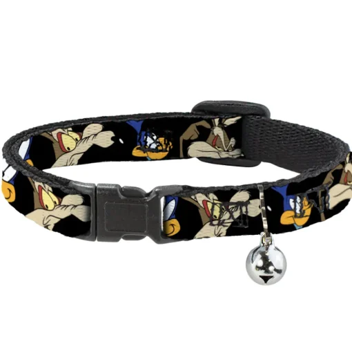 Breakaway Cat Collar with Bell - Road Runner/Wile E. Coyote Expressions CLOSE-UP Black