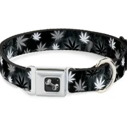 Buckle-Down Seatbelt Buckle Dog Collar - Pot Leaves/Smoke Black/Gray/White