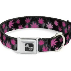Buckle-Down Seatbelt Buckle Dog Collar - Pot Leaves/Smoke Black/Pink/White