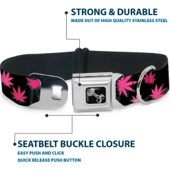 Buckle-Down Seatbelt Buckle Dog Collar - Pot Leaves/Smoke Black/Pink/White