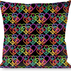 Buckle-Down Throw Pillow - Peace Hearts Stacked Black/Neon
