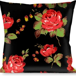 Buckle-Down Throw Pillow - Red Roses Scattered Black