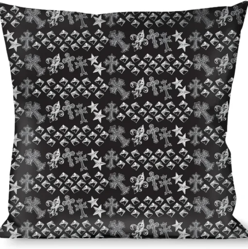 Buckle-Down Throw Pillow - Elegant Crosses/Stars/Studs Black/Grays
