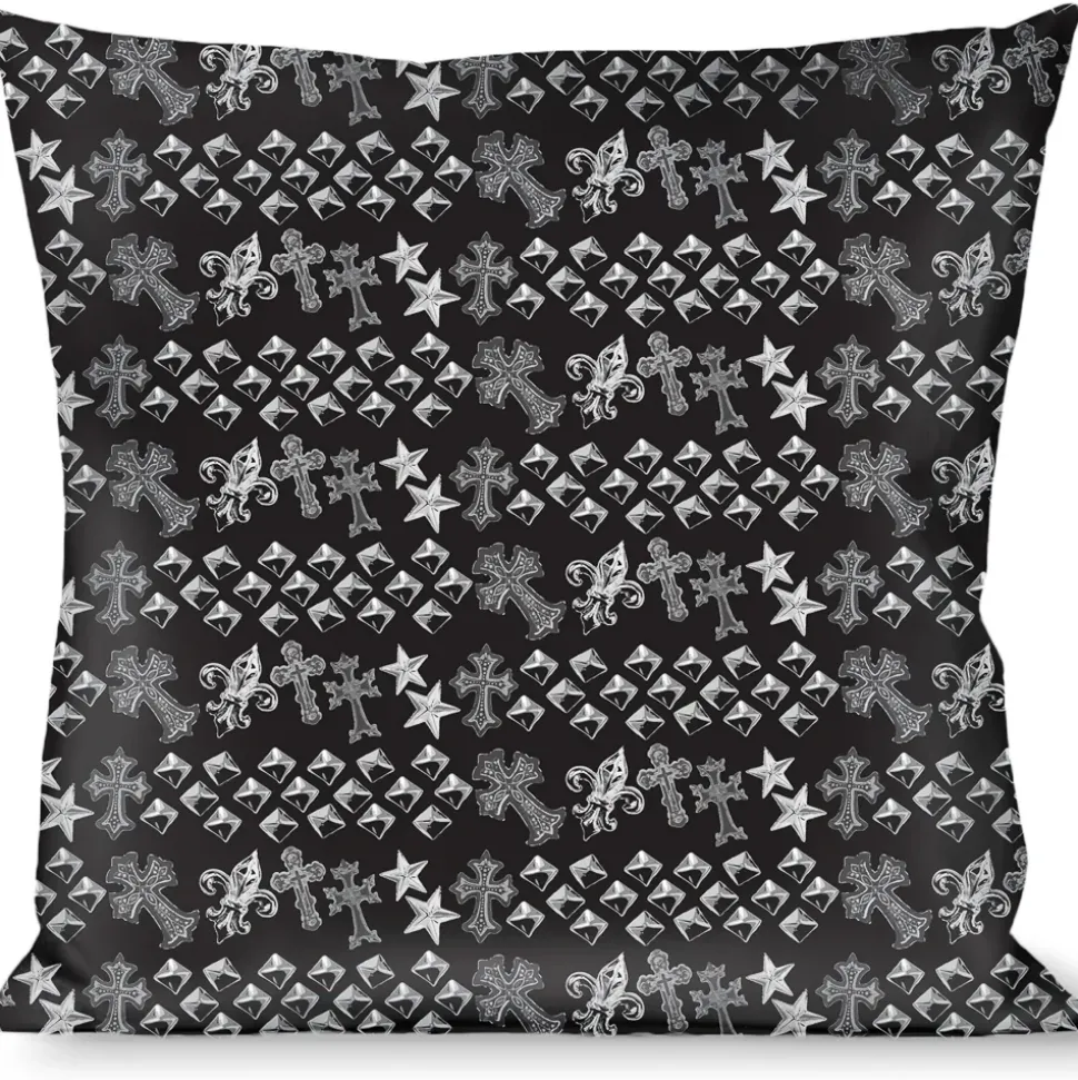 Buckle-Down Throw Pillow - Elegant Crosses/Stars/Studs Black/Grays