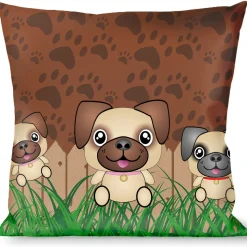 Buckle-Down Throw Pillow - Pug Puppies/Paw Prints Browns/Greens