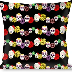 Buckle-Down Throw Pillow - Sugar Skulls & Flowers Black/Multi Color