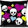 Buckle-Down Throw Pillow - Funky Skulls Hearts & Stars Black/Multi Color