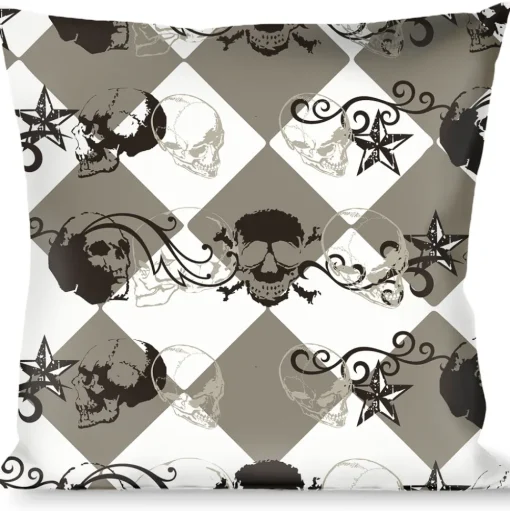 Buckle-Down Throw Pillow - Diamonds White/Gray w/Skulls