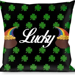 Buckle-Down Throw Pillow - St. Pat's LUCKY Pot of Gold/Shamrocks Scattered Black/Green/White