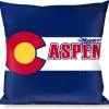 Buckle-Down Throw Pillow - Colorado ASPEN Flag/Snowy Mountains Weathered Blue/White/Red/Yellows
