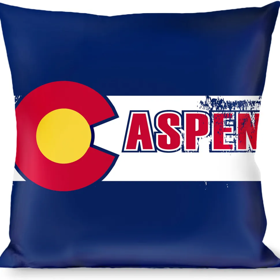 Buckle-Down Throw Pillow - Colorado ASPEN Flag/Snowy Mountains Weathered Blue/White/Red/Yellows