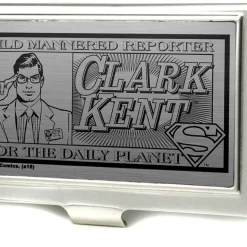 Business Card Holder - SMALL - CLARK KENT Pose MILD MANNERED REPORTER FOR THE DAILY PLANET Brushed Silver Black
