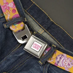 CANDY LAND Game Logo White/Pink Seatbelt Belt - Candy Land Characters and Candy Collage Yellow Webbing