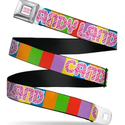 CANDY LAND Game Logo White/Pink Seatbelt Belt - CANDY LAND Game Logo Color Blocks Multi Color Webbing