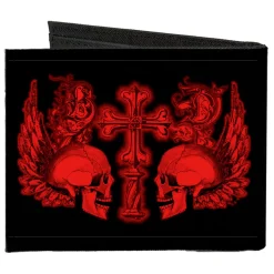 Canvas Bi-Fold Wallet - BD Skulls w Wings Black Red