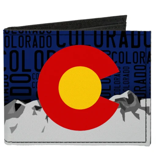 Canvas Bi-Fold Wallet - Colorado Logo Mountains Text Blue Black