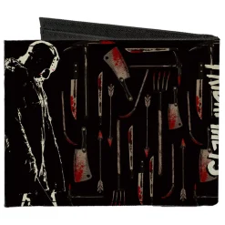 Canvas Bi-Fold Wallet - FRIDAY THE 13TH Jason Machete Pose Bloody Tools Black Grays Reds