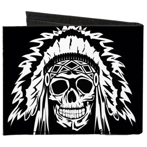 Canvas Bi-Fold Wallet - Native American Skull Black White
