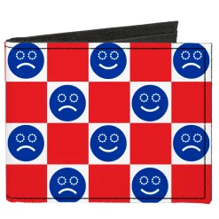 Canvas Bi-Fold Wallet - Smiley Sad Face Checker Red/White/Blue