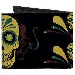 Canvas Bi-Fold Wallet - Sugar Skulls Black Olive Burgundy