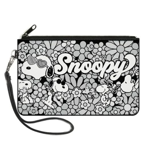 Canvas Zipper Wallet - LARGE - Snoopy Poses and Daisy Flowers Collage Black/Grays/White