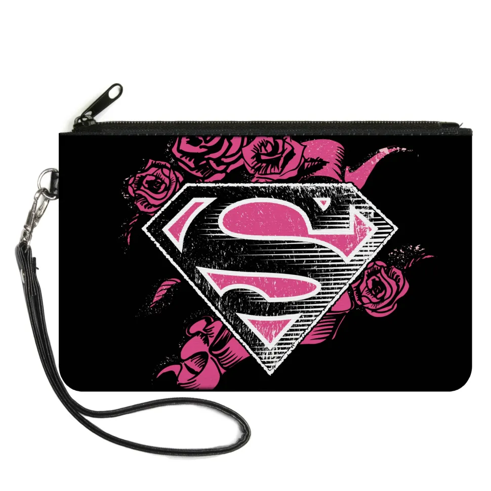 Canvas Zipper Wallet - LARGE - Superman Shield4/Roses Weathered Black/White/Pinks