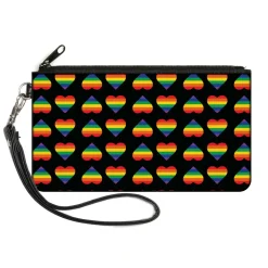 Canvas Zipper Wallet - SMALL - Rainbow Hearts Flip Black Multi Color