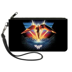 Canvas Zipper Wallet - SMALL - Wonder Woman 1984 Golden Armor Pose WW Logo Topography Black Blues Reds Yellows