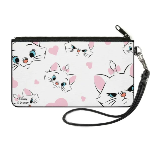 Canvas Zipper Wallet - SMALL - Aristocats Marie Expressions Hearts Scattered White Pink