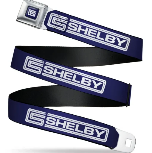Carroll Shelby CS Racing Logo Full Color Navy/White Seatbelt Belt - Carroll Shelby CS SHELBY Racing Logo Block Navy/White Webbing