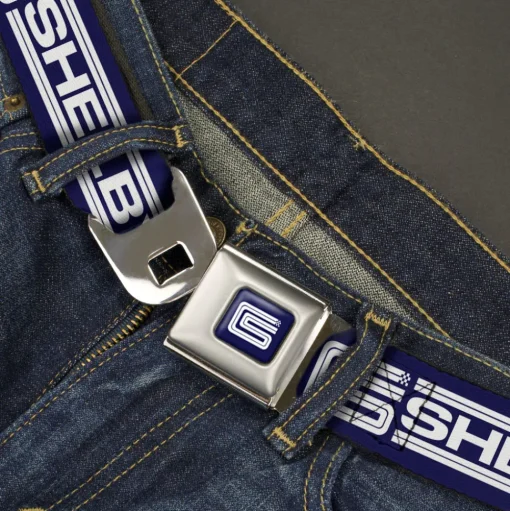 Carroll Shelby CS Racing Logo Full Color Navy/White Seatbelt Belt - Carroll Shelby CS SHELBY Racing Logo Block Navy/White Webbing