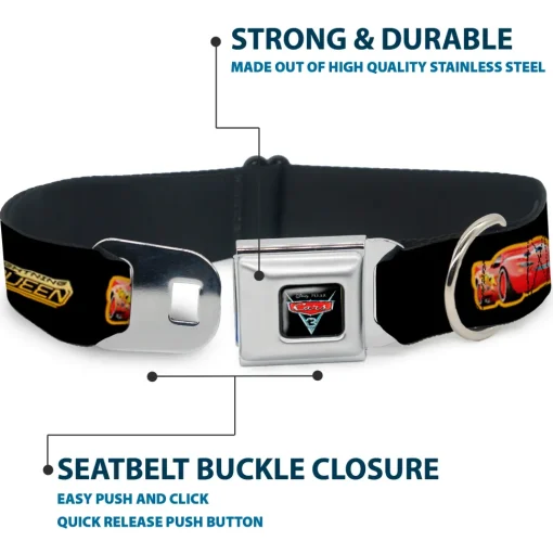 CARS 3 Emblem Full Color Black Silver Red Seatbelt Buckle Collar - Cars 3 LIGHTNING MCQUEEN Pose/Bolt Black/Yellows