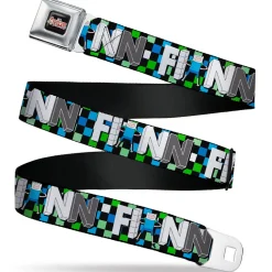 Cartoon Network ADVENTURE TIME Title Logo Full Color Black Seatbelt Belt - Adventure Time FINN Block Letters Pose Checker Green/Blue/Black Webbing