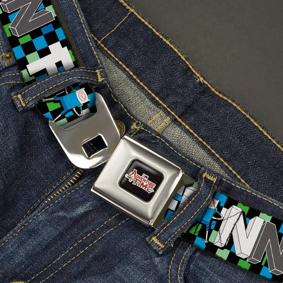 Cartoon Network ADVENTURE TIME Title Logo Full Color Black Seatbelt Belt - Adventure Time FINN Block Letters Pose Checker Green/Blue/Black Webbing