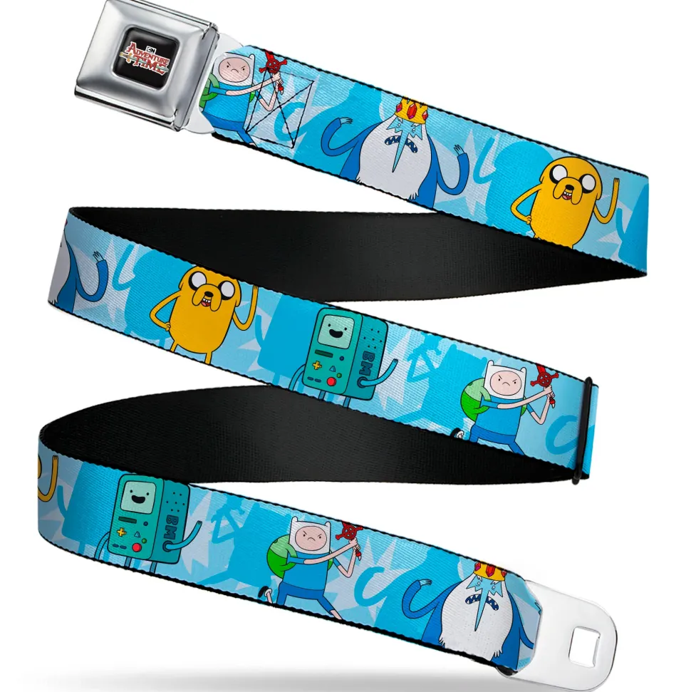 Cartoon Network ADVENTURE TIME Title Logo Full Color Black Seatbelt Belt - Adventure Time BMO Finn Ice King Jake Group Pose Blues Webbing