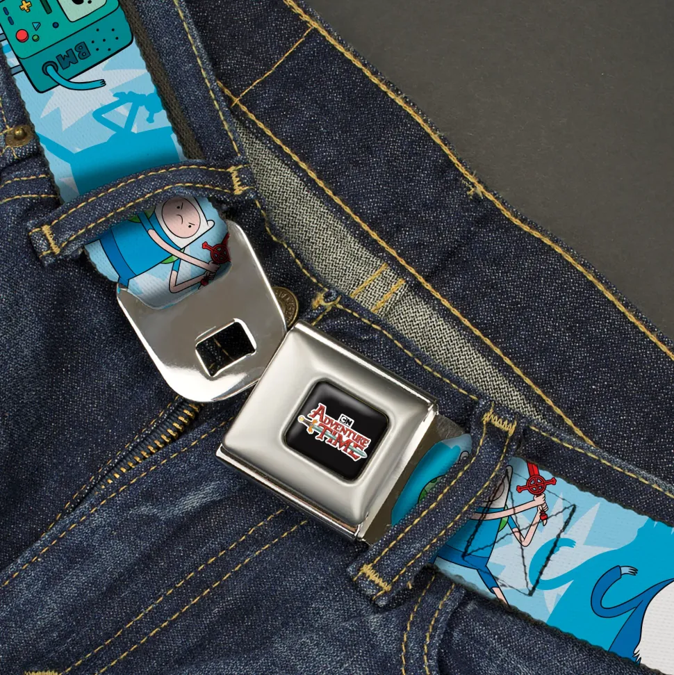 Cartoon Network ADVENTURE TIME Title Logo Full Color Black Seatbelt Belt - Adventure Time BMO Finn Ice King Jake Group Pose Blues Webbing