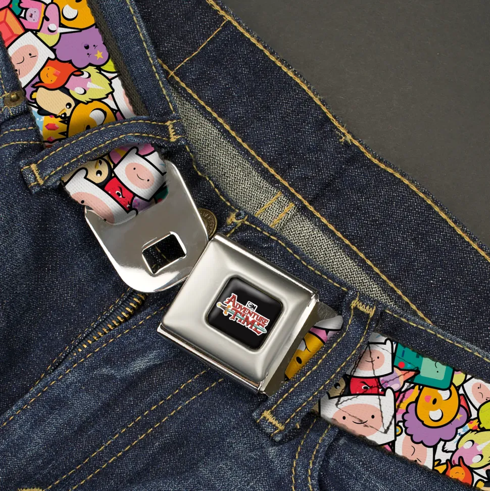 Cartoon Network ADVENTURE TIME Title Logo Full Color Black Seatbelt Belt - Adventure Time Character Face Icons Stacked Collage Webbing