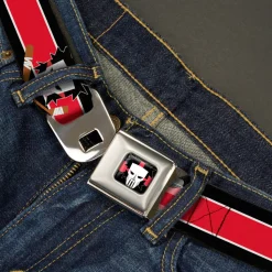 Casey Jones Head/Stripe Full Color Black/Red/White Seatbelt Belt - Casey Jones Baseball & Hockey Stick CLOSE-UP Stripe Black/White/Red Webbing