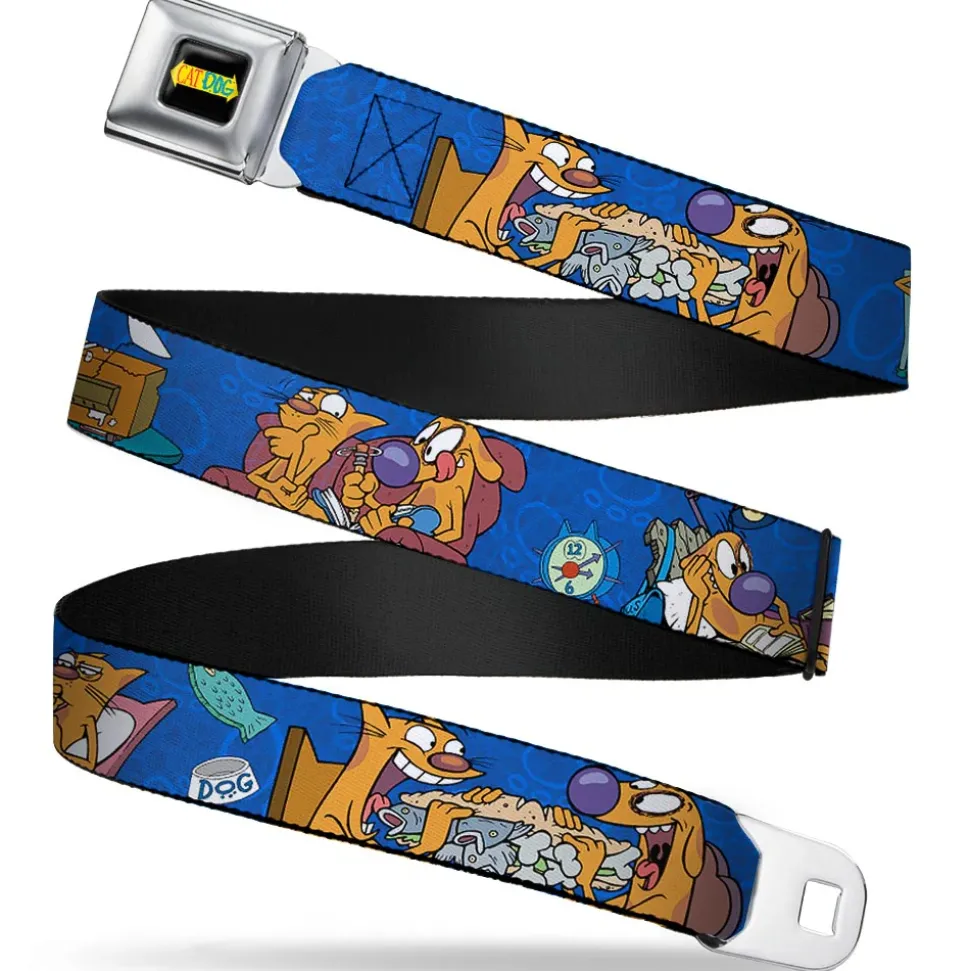CAT DOG Logo Full Color Black/Yellow/Red/Blue Seatbelt Belt - CatDog Hanging Out Poses Blue Webbing